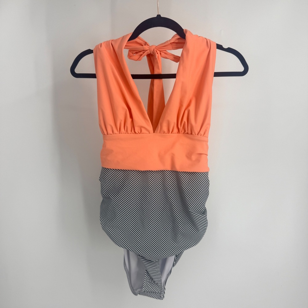 Cupshe Womens XL One Piece Swimsuit Orange Striped Halter V-Neck Ruched NEW‎